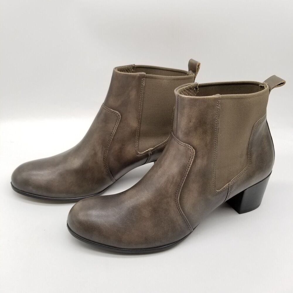 Ecco Women's Shape 35‎ Ankle Boots Sz 5.5 Brown Leather Block Heel Pull On